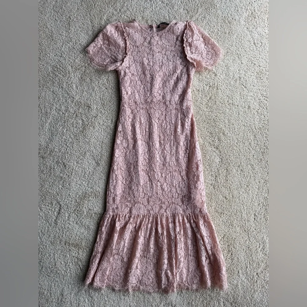 ZARA Pink Lace Midi Dress Mermaid Hem Puff Sleeve Romantic Size XS - Picture 2 of 7